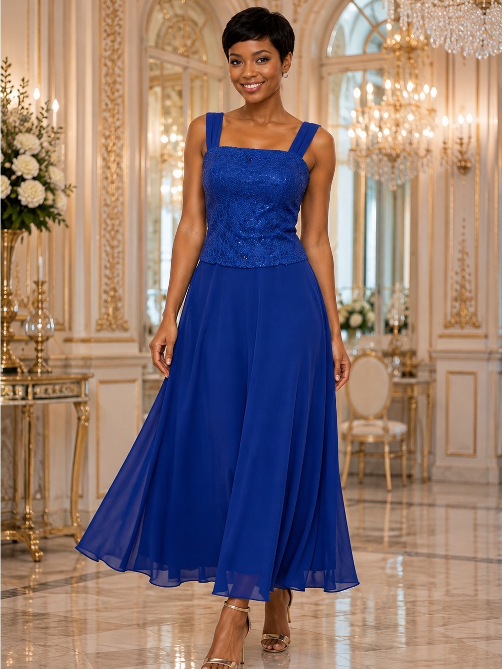 NWOT Royal Blue Lace Sequin Chiffon Formal Evening MOB Wedding Dress Size 14